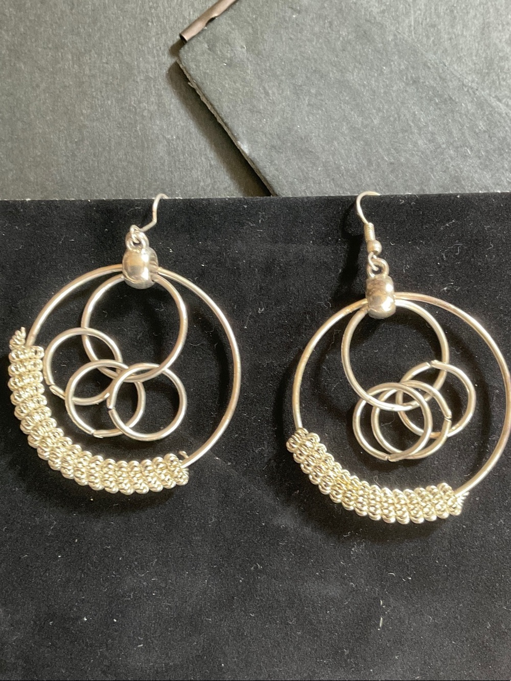 Silver Hoop Drop Earrings with Interlocking Rings - Women Jewelry